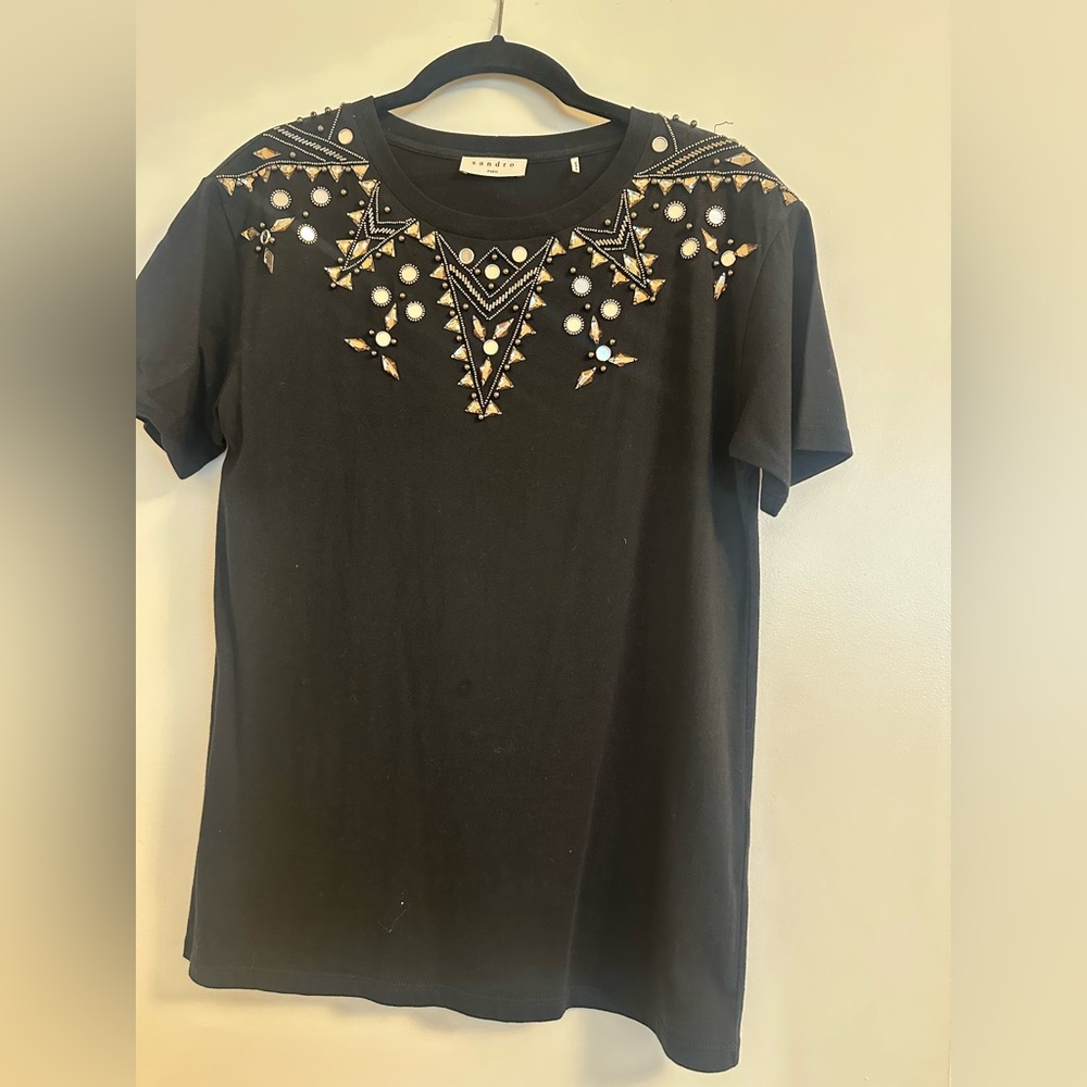 Sandro Black Short-Sleeve Top with Gold & Silver Embellishment